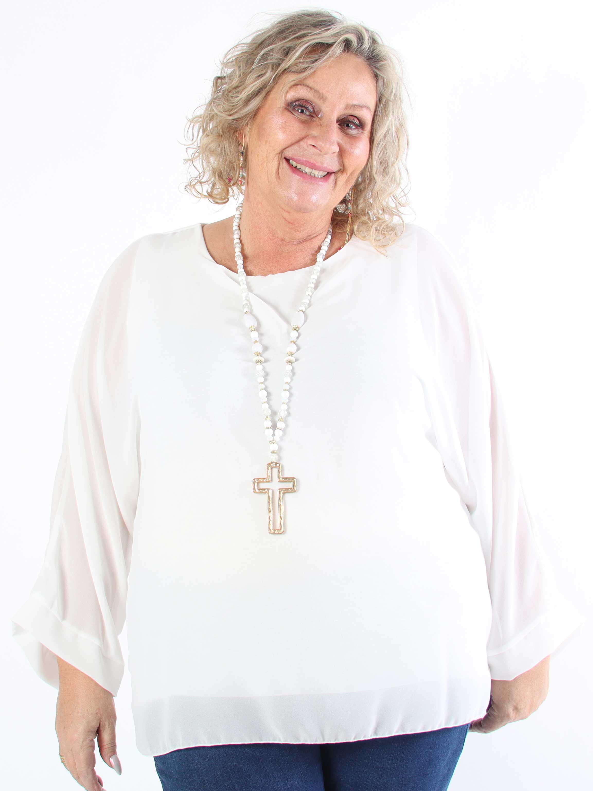 Flores - Plus size-tunika med chiffonglager och halvgenomskinliga ärmar